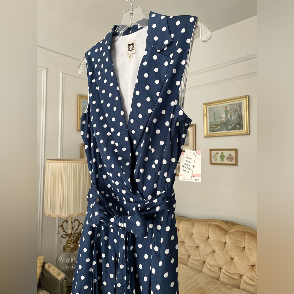 Anne Klein Cotton Dress Navy Blue Polka Dot Belted Fit & Flare Cadet Combo NWT - Picture 5 of 12